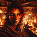 A fire genasi in a tavern.