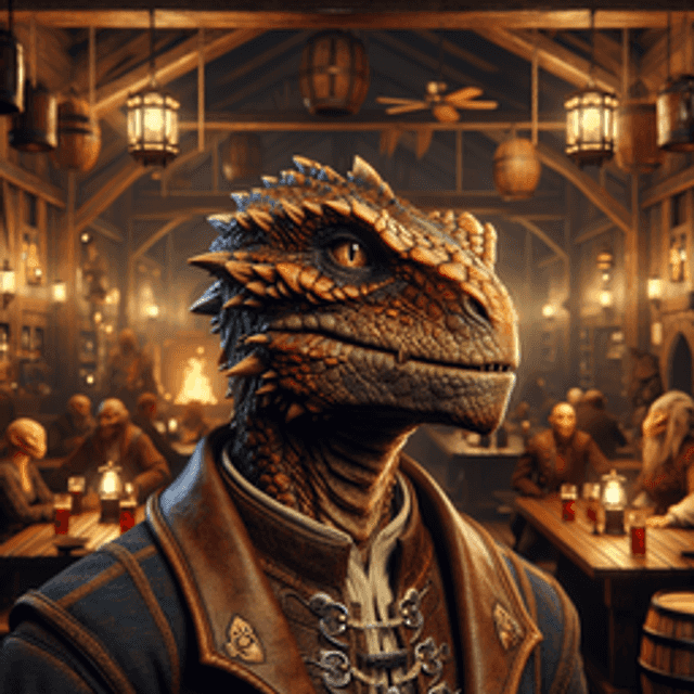 A lizardfolk in a tavern.