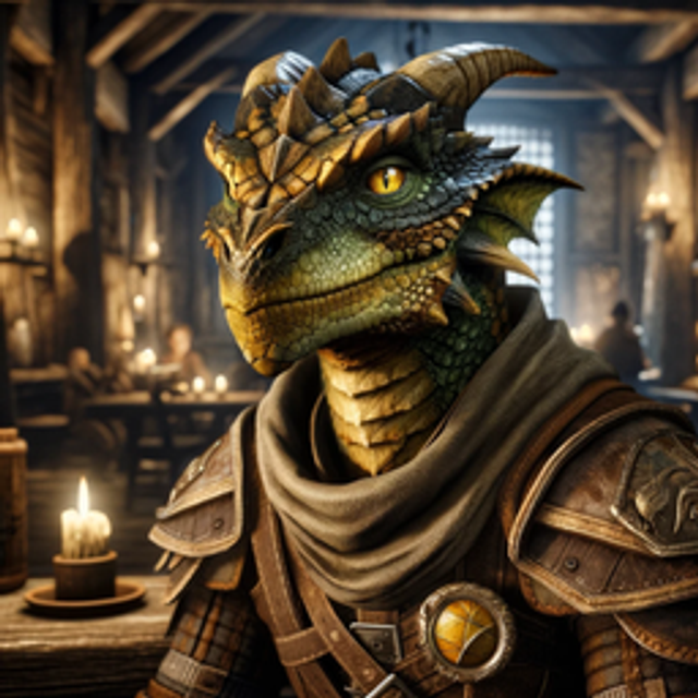 A dragonborn in a tavern.