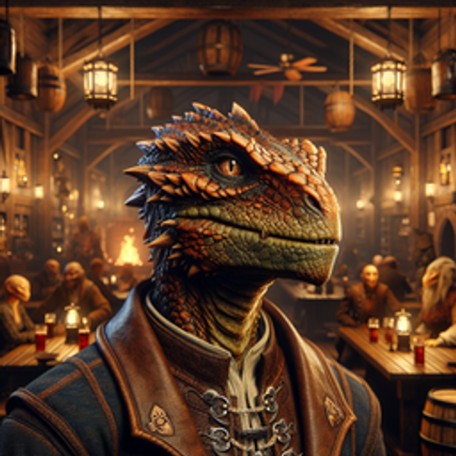 A lizardfolk in a tavern.